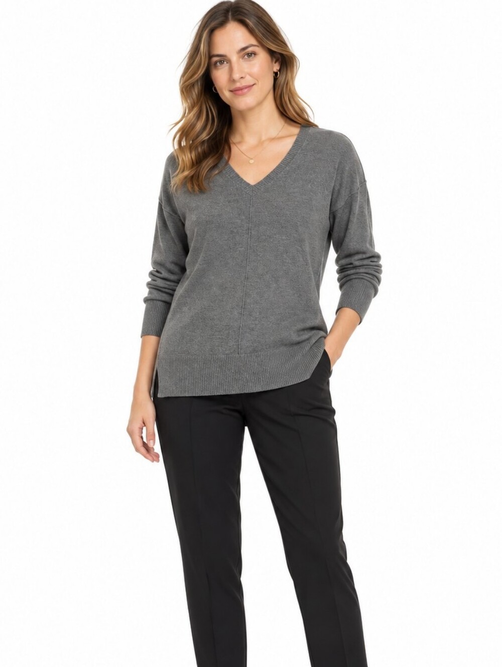 Trouve Grey VNeck Sweater L Relaxed Drop Shoulder Side Slit Knit Minimalist